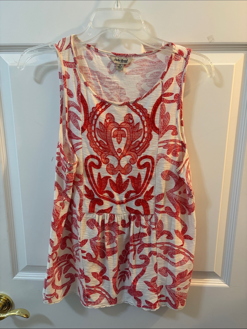 Lucky Brand White Tank with Red Ornamental Print